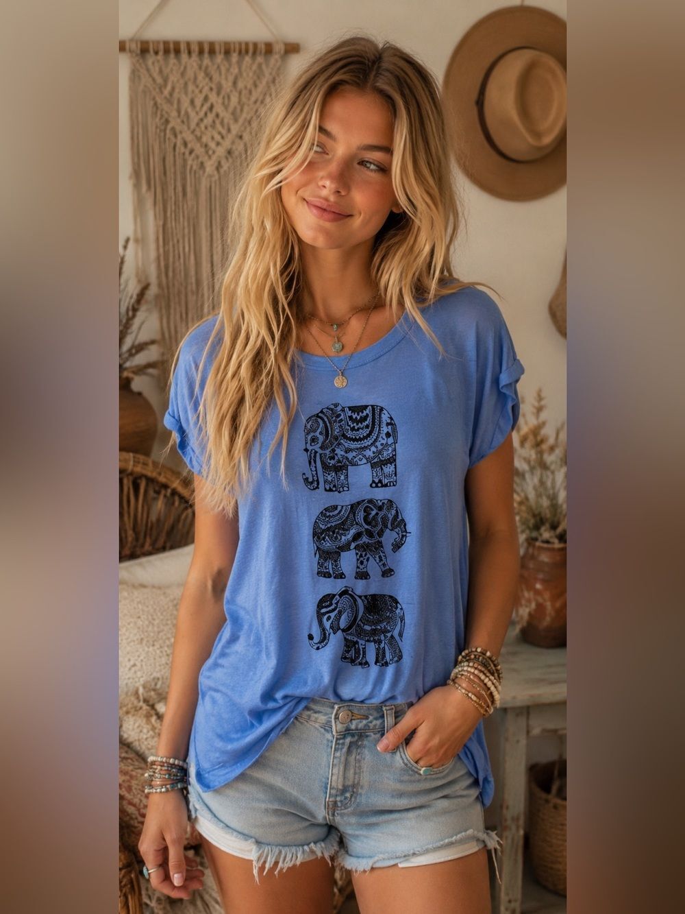 Freeze Blue Short Sleeve Tee with Stacked Elephant Print Boho Aesthetic